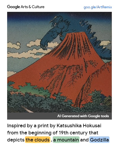 Ukiyo-e style image generated via AI using Hokusai's "Red Fuji" as a base, and "Godzilla" as a prompt.