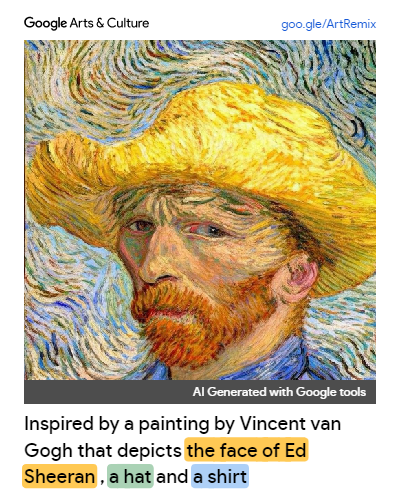 A Van Gogh self portrait remixed by AI to look like Ed Sheeran, which hilariously looks pretty much the same as the original.