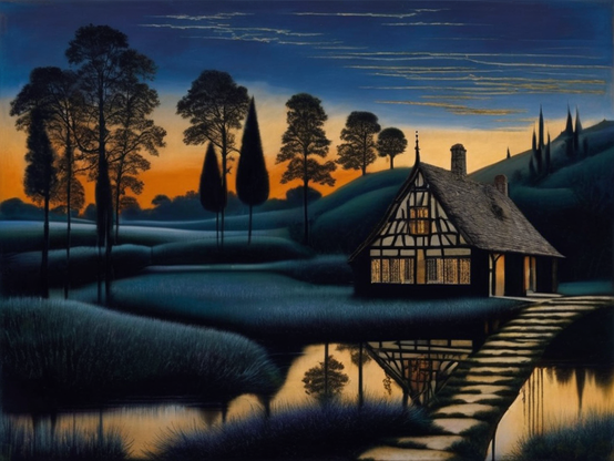 A secluded cabin among scattered trees and blue-tinted marsh grass. A path of flat stones leads to it across still waters under a twilight sky. Watercolor style.