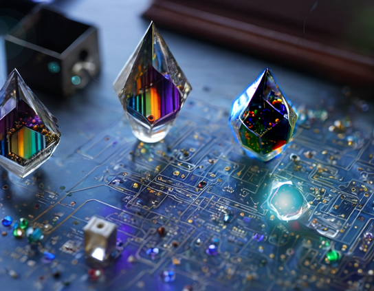 A close-up of a futuristic circuit board featuring complex,  colorful, crystal-encased components.