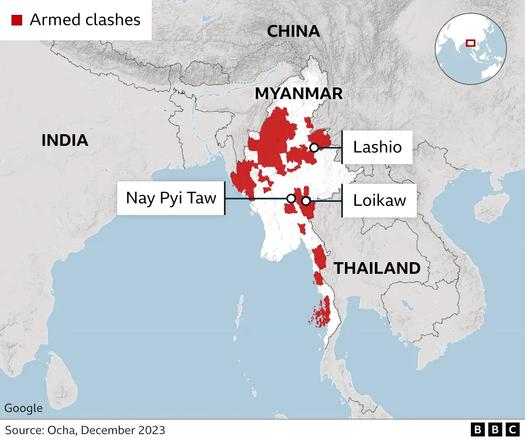 A map showing the many areas in Myanmar where armed clashes are taking place.