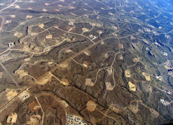 aerial photo - oblique - multiple drill/well pads & access roads, Wyoming