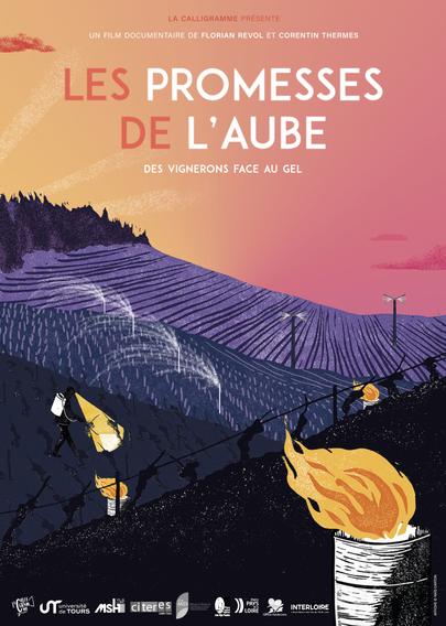 Affiche du film "Les promesses de l'aube".
Un paysage de vignes dans le soleil naissant du matin.
