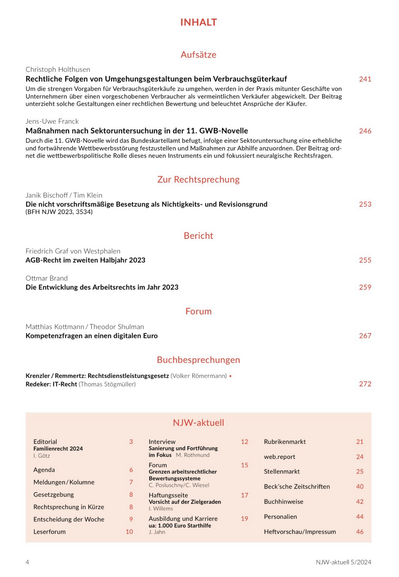 Seite 1 des Inhaltsverzeichnisses der NJW 5/2024