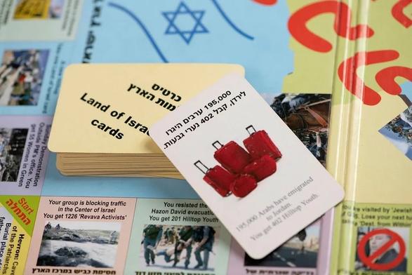 Board game elements including a stack labeled "Land of Israel cards" and a card with text and an image of luggage, on a background featuring parts of the board with various inscriptions and symbols. Kach’s ethnic cleansing monopoly.