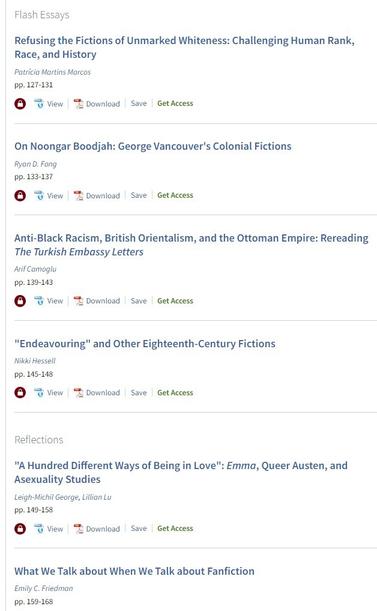 Volume 36, no. 1 (January 2024), Refusing 18th-Century Fictions, Part 1
Articles
Refusing Eighteenth-Century Fictions: Introduction
Manu Samriti Chander, Georgetown University, and Eugenia Zuroski, McMaster University 1

Refusing Settler Georgics
Katarina O’Briain, York University 7

Little Lamb’s Roast Pig: A Minor Intervention
Olivia Loksing Moy, CUNY, Lehman College 37

Born That Way: Asexuality and Kinship in “The History of Mrs Selvyn”
Abigail Zitin, Rutgers University 69

An Alternative Revolution: Isabelle de Charrière’s Politics of Care
Tracy L. Rutler, Pennsylvania State University 91

Police Time: Equiano, Blackness, and Custody
Kaushik Tekur Venkata, Binghamton University (SUNY) 111

Flash Essays
Refusing the Fictions of Unmarked Whiteness: Challenging Human Rank, Race, and History
Patrícia Martins Marcos, UCLA 127

On Noongar Boodjah: George Vancouver’s Colonial Fictions
Ryan D. Fong, Kalamazoo College 133

Anti-Black Racism, British Orientalism, and the Ottoman Empire: Rereading The Turkish Embassy Letters
Arif Camoglu, NYU Shanghai 139

“Endeavouring” and Other Eighteenth-Century Fictions
Nikki Hessell, Te Herenga Waka–Victoria University of Wellington 145

Reflections
“A Hundred Different Ways of Being in Love”: Emma, Queer Austen, and Asexuality Studies
Leigh-Michil George, Geffen Academy at UCLA, and Lillian Lu, UCLA 149

What We Talk about When We Talk about Fanfiction
Emily C. Friedman, Auburn University 159