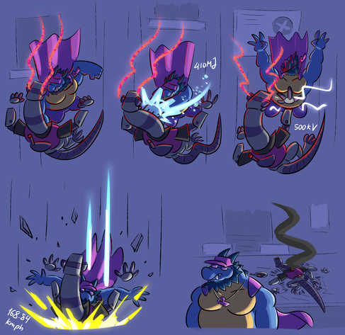fight falling from building big blue cape dragon punch long robot hard robot zaps back fall boom smash robot broken smoking defeated blue dragon walks away sad