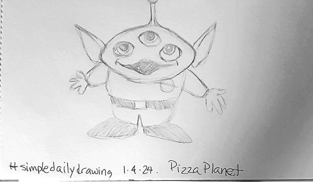 Pencil drawing of the little green aliens from Pizza Planet in Toy Story