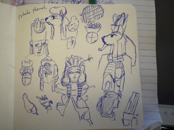 sketched in blue ink an idea of a potato pharaoh with different designs of potatoes as accents and style hats