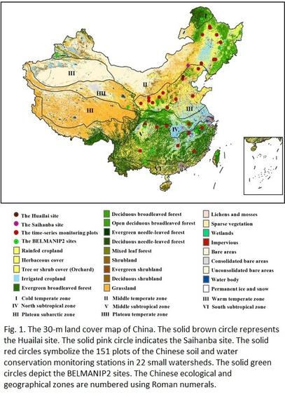 The 30-m land cover map of China. The solid brown circle represents the Huailai site. The solid pink circle indicates the Saihanba site. The solid red circles symbolize the 151 plots of the Chinese soil and water conservation monitoring stations in 22 small watersheds. The solid green circles depict the BELMANIP2 sites. The Chinese ecological and geographical zones are numbered using Roman numerals.
