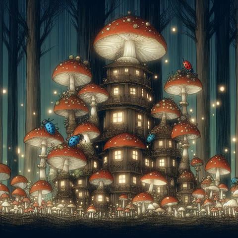 «Create by Bing Image Creator»
(illustration showing mushrooms as high-rise houses) Microorganisms, ladybugs, and earthworms coexist in house-like mushrooms that grow in clusters at the base of large trees.  It's a dark, fantastical landscape, like the world of a picture book, fine details.