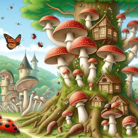 «Create by Bing Image Creator»
(illustration showing mushrooms as high-rise houses), micro-organisms, ladybirds and earthworms are living in harmony with the house-like mushrooms growing in clusters at the base of a large tree, a picture book world with fantastic scenery, fine details