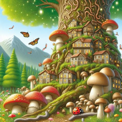 «Create by Bing Image Creator»
(illustration showing mushrooms as high-rise houses), micro-organisms, ladybirds and earthworms are living in harmony with the house-like mushrooms growing in clusters at the base of a large tree, a picture book world with fantastic scenery, fine details
