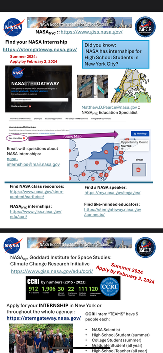 Brochure explaining nasa nyc internships. 
Did you know nasa is in nyc?

NYC climate change research initiative program. https://www.giss.nasa.gov/edu/ccri/
Apply to any nasa internship https://stemgateway.nasa.gov/s/
Due date for summer 2024 is February 2.