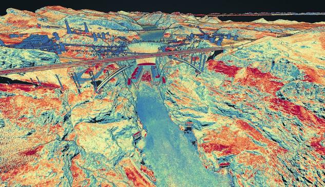 graphic / map - oblique view - LiDAR 3D image - hoover dam, lake mead, canyon and pat tillman memorial bridge