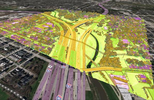 graphic / map - oblique view - cityscape portion with overlain, colour coded point cloud data, 3D