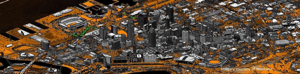 graphic / map - oblique view - cityscape portion with overlain, colour coded point cloud data, 3D - by Woolpert