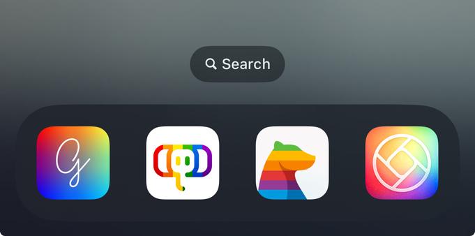 iOS Dock with 4 app icons. From
Left to right: Glass Photo Community, Ivory for Mastodon, Bear notes app, Halide. All icons have a pride theme color.
