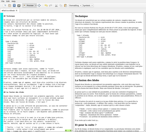 copie d'écran d'un éditeur de fichiers en markdown, avec la fenêtre de rendu temps-réel à droite.