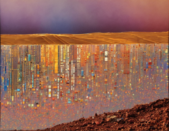 A golden pixelated techscape rising plateau-like from rough stony dark brown dirt.