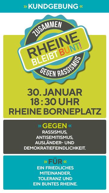 Plakat "Rheine bleibt Bunt" zusammen gegen Rassismus