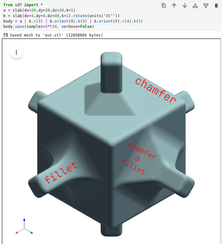 Jupyter, 3D render of a big cube pierced by three thinner arms, the top one joined with a chamfer, the left one joined with a fillet, the right one joined with a chamfer and smooth fillet transition, above is the Python code:

from sdf import *
a = slab(dx=20,dy=20,dz=20,k=0)
b = slab(dx=4,dy=4,dz=40,k=0).rotate(units("45°"))
body = a | b.c(3) | b.orient(X).k(5) | b.orient(Y).c(4).k(1)
body.save(samples=2**22, verbose=False)