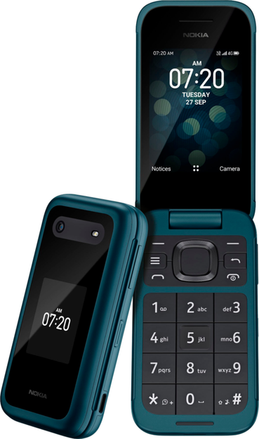 Manufacturer image of the Nokia 2780 Flip, a dumb/feature flip phone. Teal body, screen on top section, T9 keyboard on bottom section, small display and camera on outside.