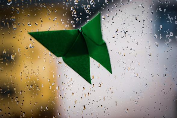 Ein grüner Origami-Schmetterling auf einem mit Regentropfen bedeckten Fenster, mit einem verschwommenen goldenen und blauen Hintergrund.