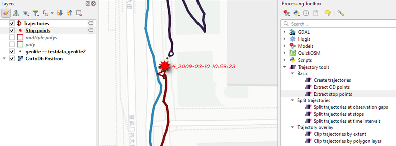 QGIS Trajectools screenshot with stop detection results