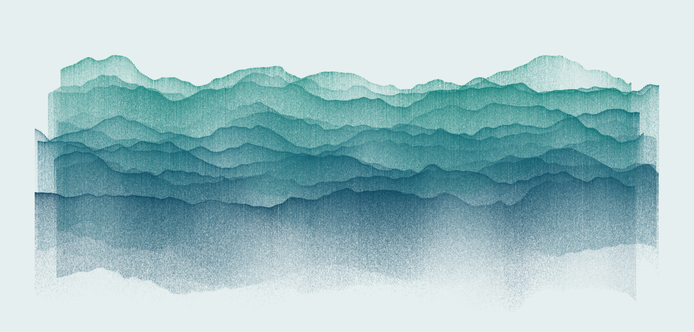 Generative art made using the R programming language. The composition consists of many thick, textured, irregularly fluctuating lines, arranged from the top to the bottom of the piece. Each line largely overlaps the line above it, and the colours shift from teal to dark blue from the top to the bottom. The overlapping lines give the impression of a mountain range, with their variable transparency creating the appearance of fog or clouds embedded in the valleys.