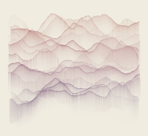 Generative art made using the R programming language. The composition consists of many thick, textured, irregularly fluctuating lines, which overlap to fill the piece from top to bottom. The colours of the lines gradually shift from burgundy to purple. The lines have variable transparency. Parts of the lines have darker upper edges, which accentuate those fluctuations. The overlapping lines give the impression of an abstract mountain range in a warm light (e.g., sunrise).