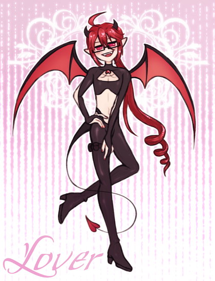 Colored fullbody artwork in a tall, lanky chibi style featuring my incubus AU of Kasane Ted. He's recognizable through his glasses and long low ponytail with loose drills, but his outfit design is much tighter and quite revealing. He also has demonic wings and a thin pointed tail.

He's posing casually yet confidently, a hand on his hip and one leg bent in the air. There's a flirty vibe about him, given his fanged smirk and lightly flushed cheeks.

The background is simple with white and pink interlocking lines and faint, fancy line strokes behind Ted. The word "Lover" is written at the bottom left.