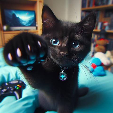 «Create by Bing Image Creator»
(Photo of a black cat throwing a paw punch at you) This black cat is young, but very strong, rebellious, and has a cute expression. It seems that he can't stand having his toys hidden, and he is asking for more food. A cyberpunk science fiction worldview that seems to be