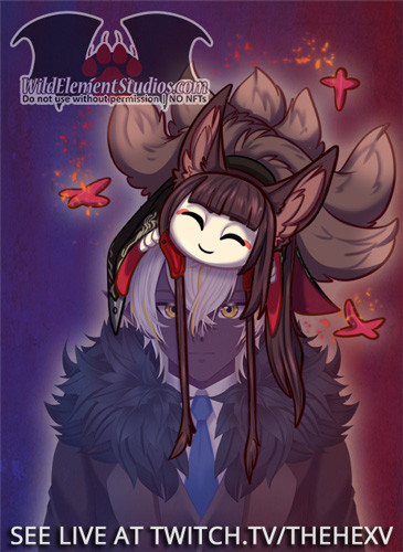 A dark skinned elf character with white hair and a fluffy rimmed jacket is faded slightly, to emphasis the chibi styled woman cutely laying on his head. She's got brown hair and fox ears, multiple brown tails, and is wearing a black with red trim kimono, and gold accents on the edges. She's smiling with two bits of long hair dangle in front of the guys face. Little red pieces of paper float around her with fire particles around them.