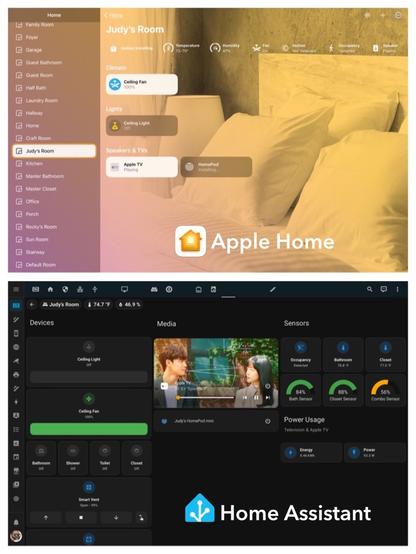 A comparison between Apple Home and Home Assistant dashboards on my iPad Pro.