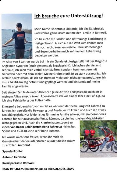 Das Bild zeigt den Aufruf eines Menschen mit Assistenzbedarf für ein dringend benötigtes behindertengerechtes Tri-Bike