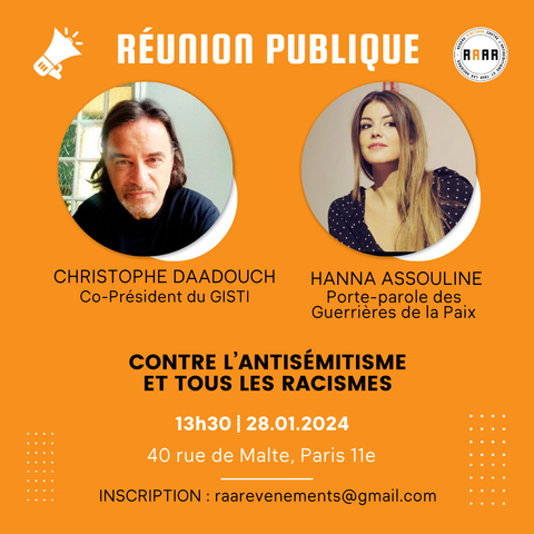 L'invitation à la réunion publique avec Hanna Assouline et Christophe Daadouch