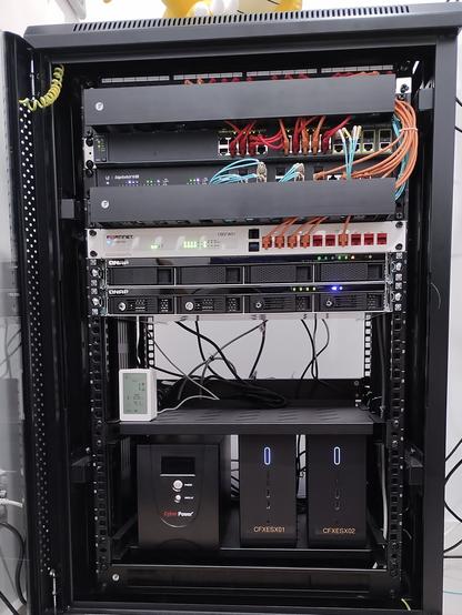 A front view of the Colto Cloud Services 18RU server rack. 14 rack units are populated with equipment.