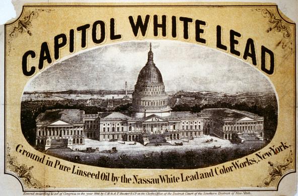 1860s advertising for Capitol White Lead with an etching of the Capitol and the wording "Capitol White Lead. Ground in Pure Linseed Oil by the Nassau White Lead and Color Works, New York".