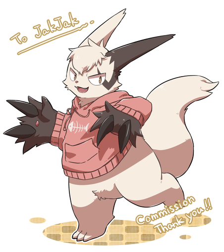 a zangoose wearing my signature coral hoodie with fishbones on it, with fur in my skunk OC's colors