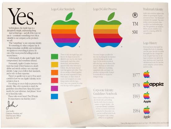 An unfolded brochure with 4 columns describing the Apple logo, its evolution, colors, and instructions for its use.