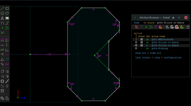 Solvespace screenshot, showing sketch of a chamfered-pacman-style shape