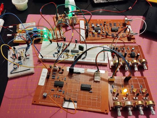 the board connected to the rest of my synth. only the LFO and the VCO are on breadboards