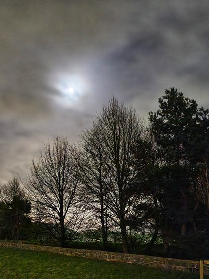 The moon shines though soft grey veils of cloud. Below, trees are silhouetted against the warm glow of light reflected up from where the marquee is set up. No storm, no rain, a beautiful night.