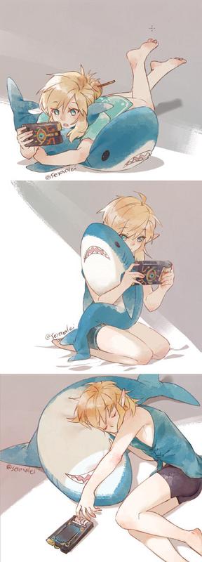 Link from Zelda and a plush shark