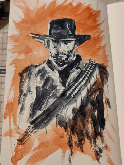 Watercolour portrait in two colours of Arthur Morgan from the Red Dead Redemption 2 game. Arthur is facing us and the artwork style has loose brush work in black for the figure and a loose red background streak