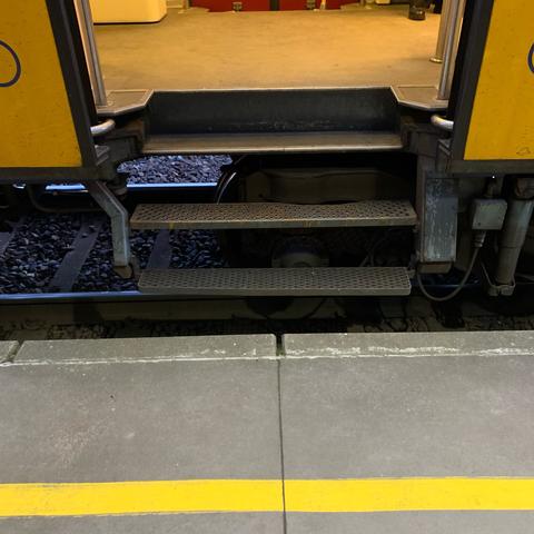 Train next to a platform. All three steps are visible.