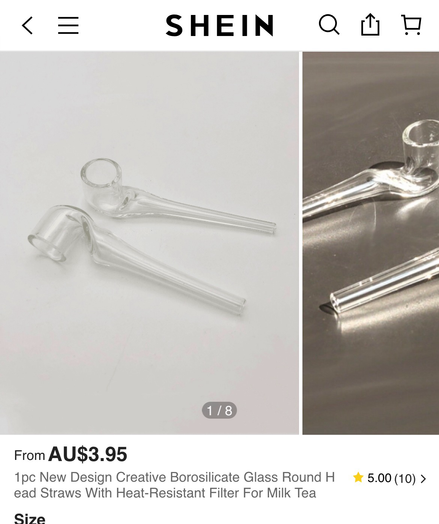 Screenshot of a Shein ad for what appears to be glass crack piped but is listed as a “round head straw for milk tea”