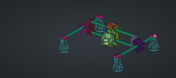 A picture showing an assembled CNC made from tubes based on 3D printed parts.
