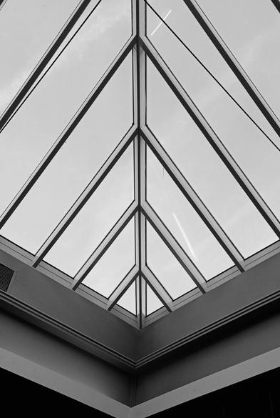 Looking up at a vaulted glass ceiling with uPVC beams and structure